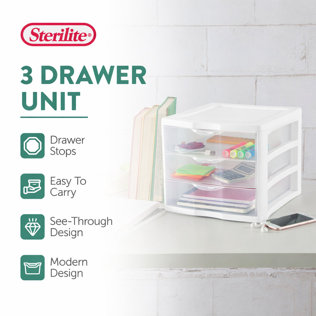 Sterilite ClearView Plastic Small 3 Drawer Desktop Storage Unit, White, 12 Pack