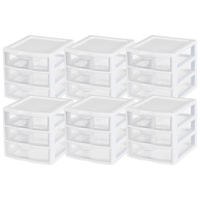 Sterilite ClearView Plastic Small 3 Drawer Desktop Storage Unit, White, 6 Pack - VMInnovations