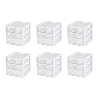 Sterilite ClearView Plastic Small 3 Drawer Desktop Storage Unit, White, 6 Pack