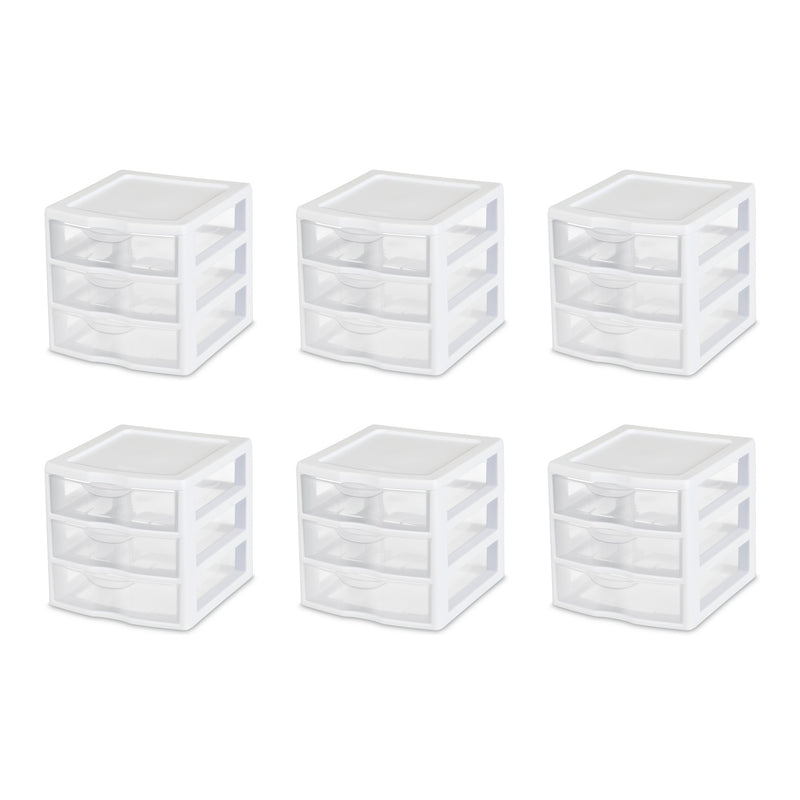 Sterilite ClearView Plastic Small 3 Drawer Desktop Storage Unit, White, 6 Pack