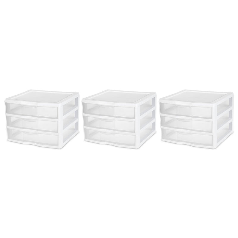 Sterilite Plastic Stackable Small 3 Drawer Storage System, White Frame, 3 Pack
