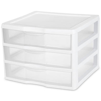 Sterilite Clear Plastic Stackable Small 3 Drawer Storage System, White, (12 Pack) - VMInnovations
