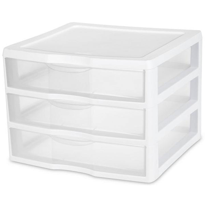 Sterilite Clear Plastic Stackable Small 3 Drawer Storage System, White, (12 Pack)