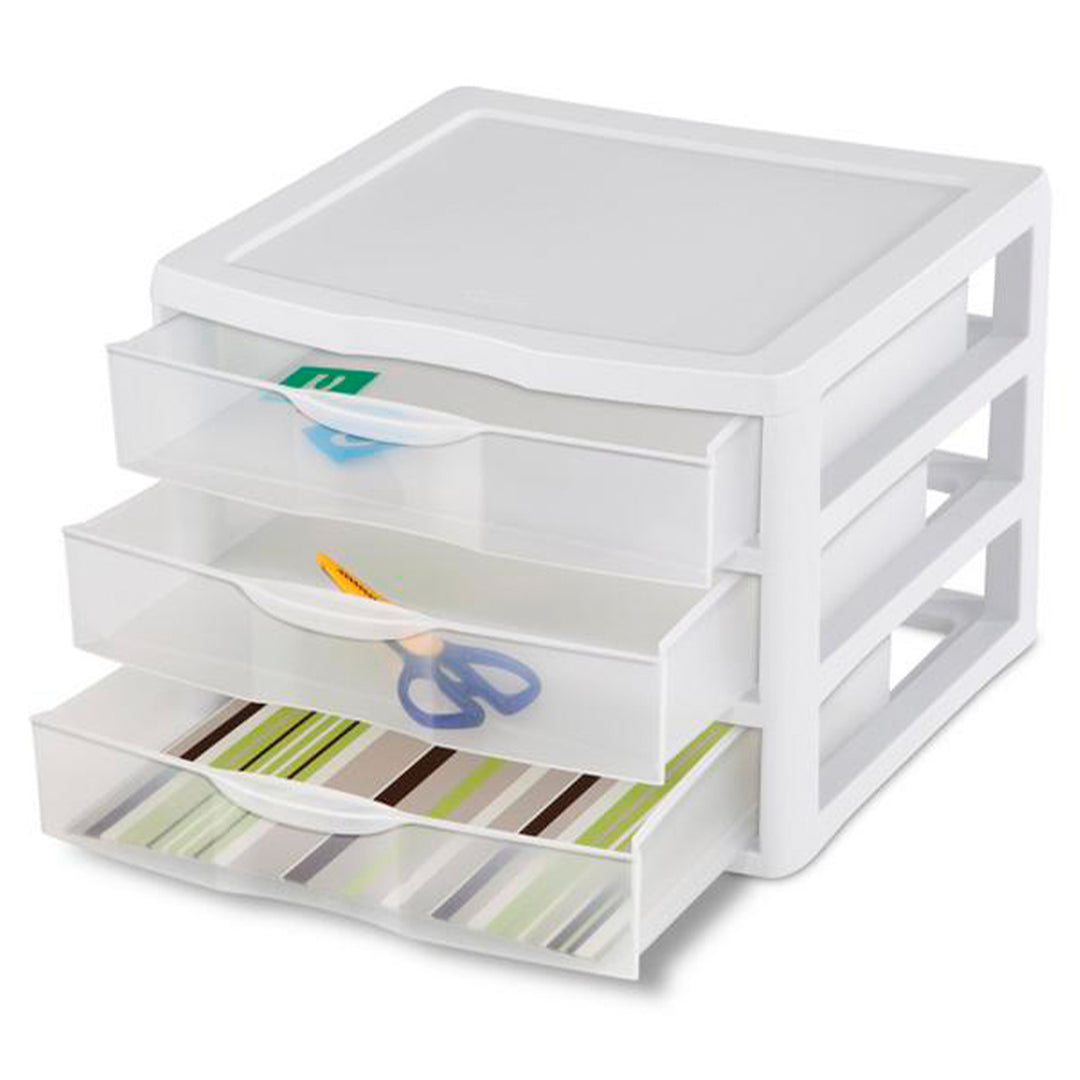 Sterilite Clear Plastic Stackable Small 3 Drawer Storage System, White, (12 Pack)