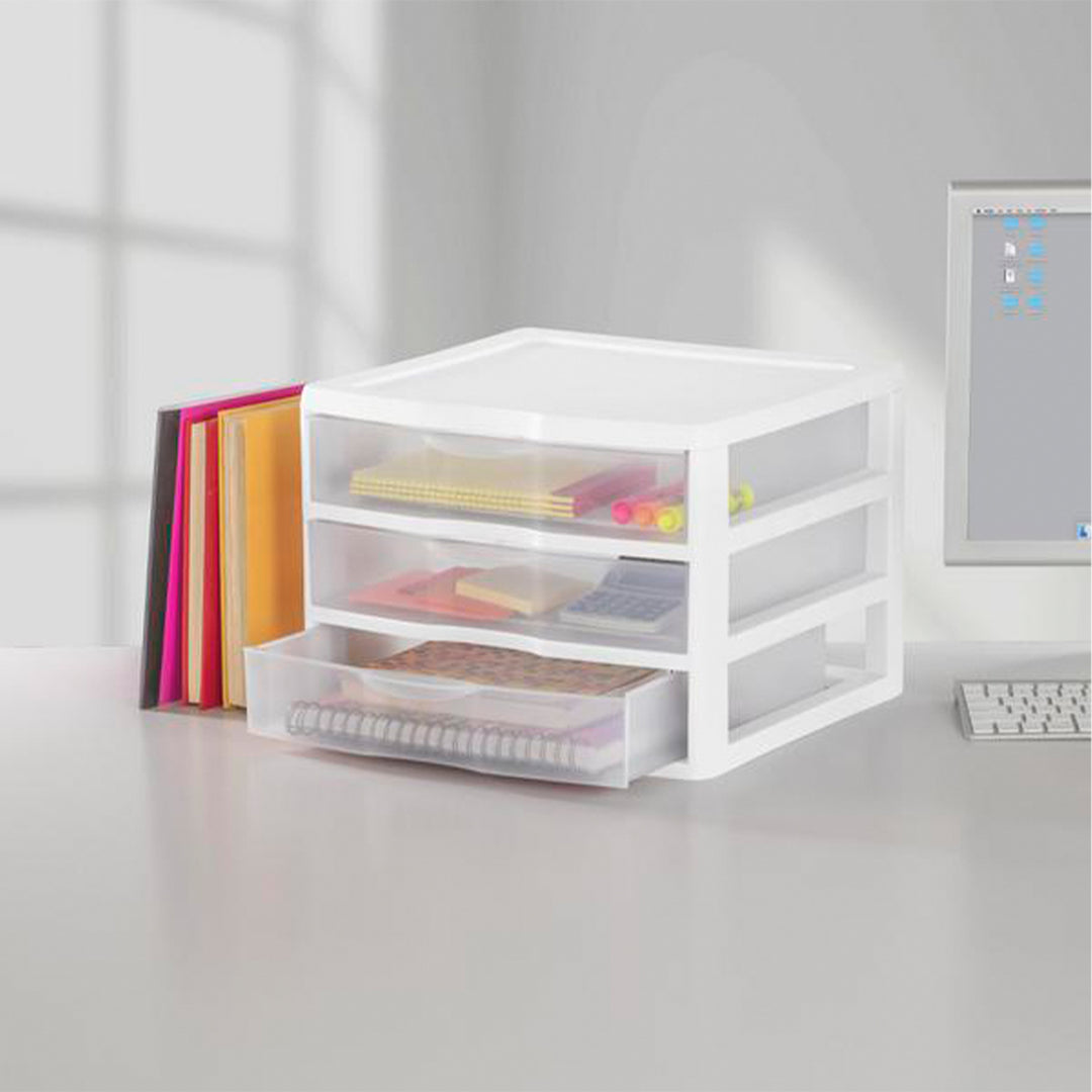 Sterilite Clear Plastic Stackable Small 3 Drawer Storage System, White, (12 Pack)