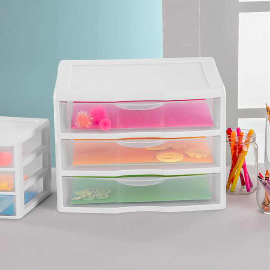 Sterilite Clear Plastic Stackable Small 3 Drawer Storage System, White, (12 Pack)