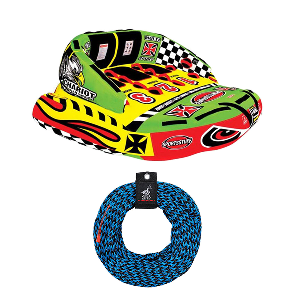Airhead Chariot Warbird 3 Triple Rider Boat Tube + 3-Rider Tube 60-Foot Tow Rope