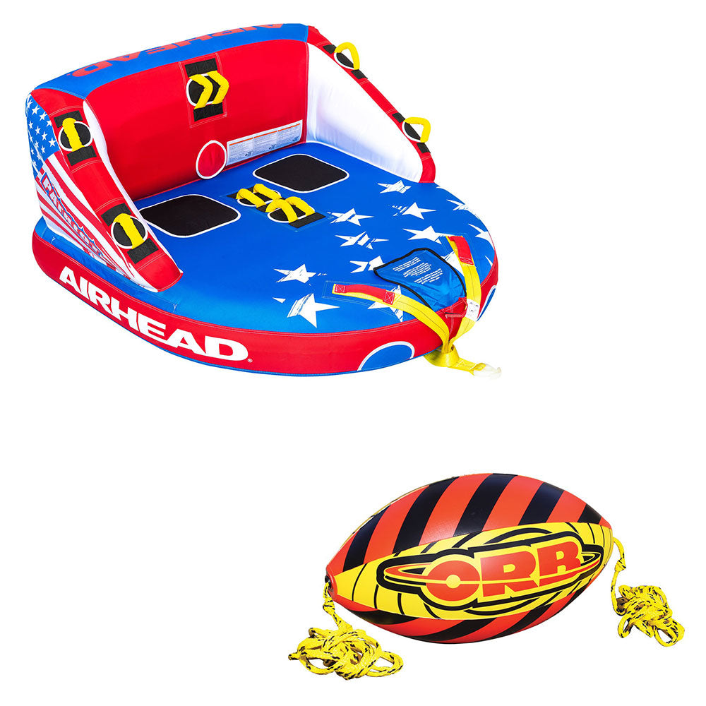 Airhead Patriot 2-Person Towable Kwik-Connect Chariot Tube w/ 60-Foot Rope Ball