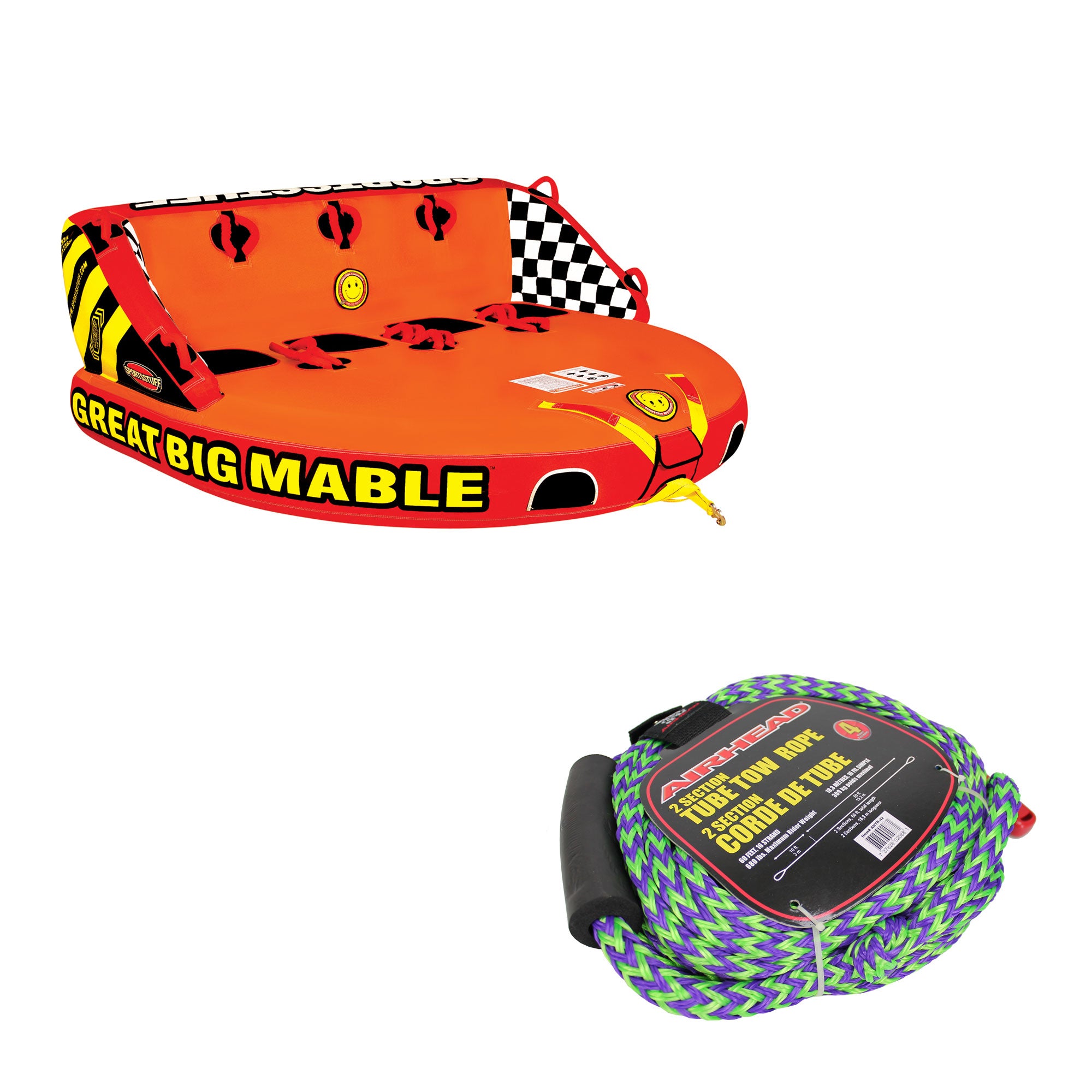 Sportsstyff Mable 4-Rider Inflatable Tube & Airhead Boat 50-60 Foot Tow Rope