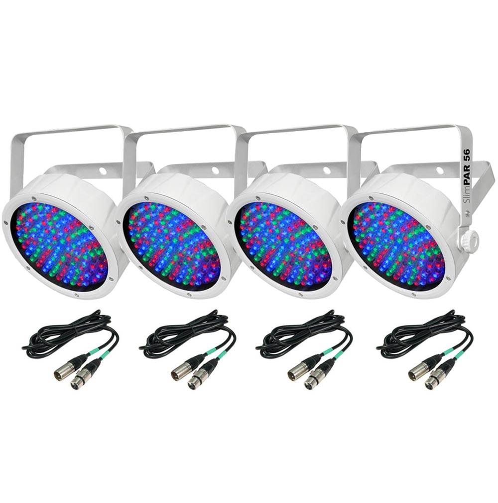 (4) Chauvet SlimPar 56 LED White Slim Par Can RGB Lights + 10' & 25' DMX Cables