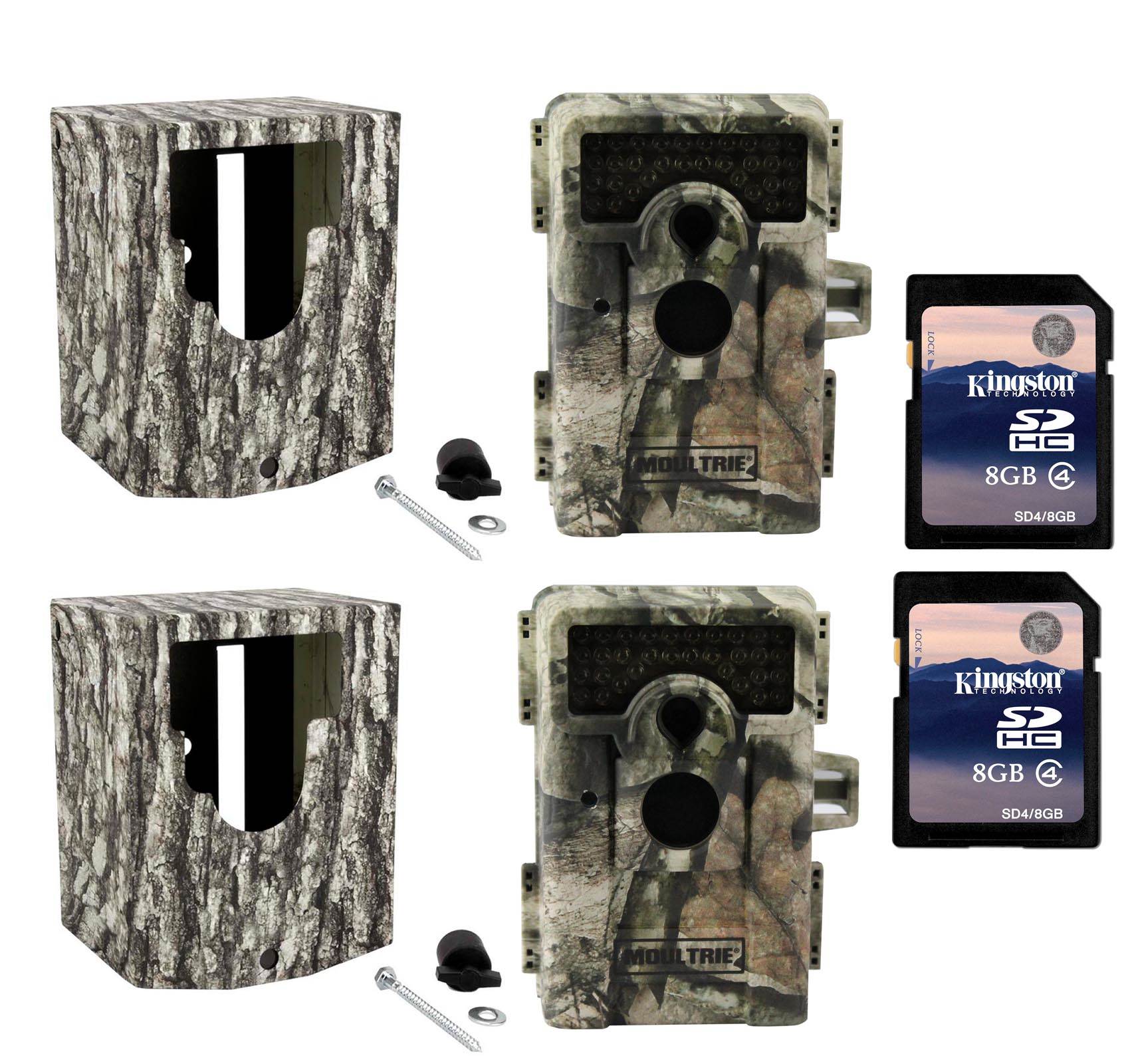 (2) MOULTRIE Game Spy M-990i No Glow Trail Cameras + Security Boxes + SD Cards