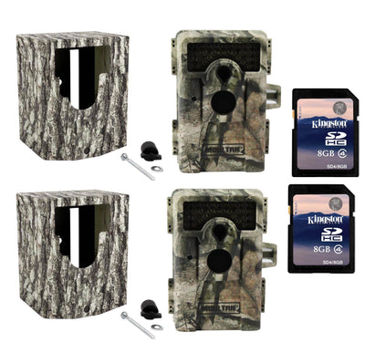 (2) MOULTRIE Game Spy M-990i No Glow Trail Cameras + Security Boxes + SD Cards