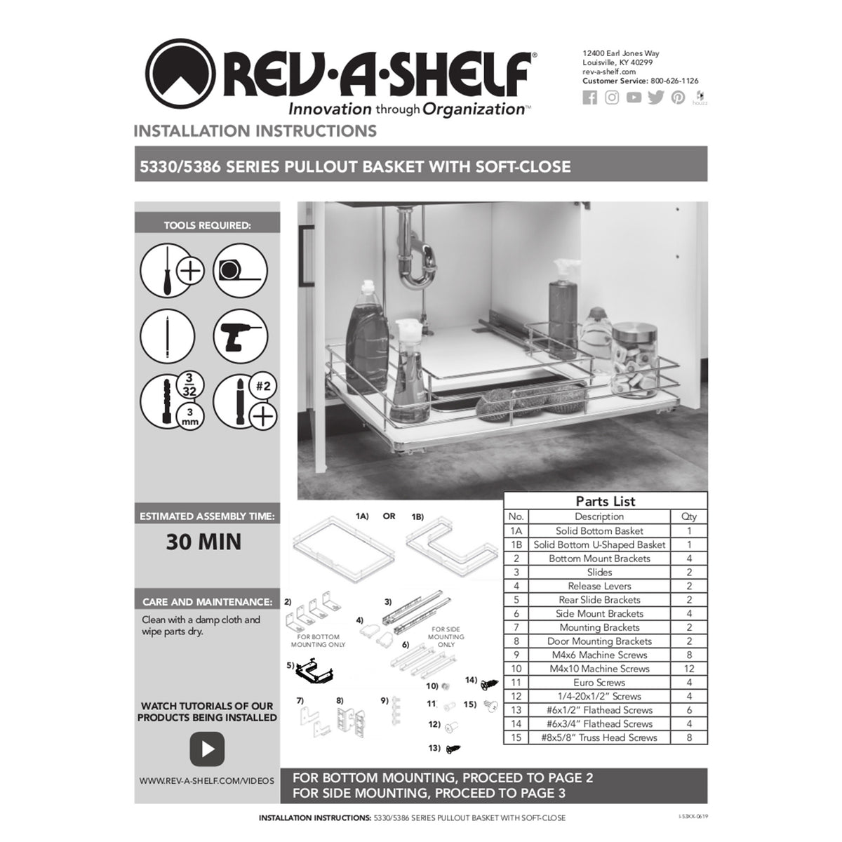 Rev-A-Shelf 5330-15BCSC-MP 15 Inch Single Cabinet Pull Out Basket w/ Soft Close