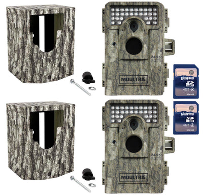 (2) MOULTRIE Game Spy M-880 Low Glow Trail Cameras + Security Boxes + SD Cards