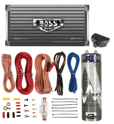 Boss AR1600.4 1600W 4-Ch Car Amplifier + Remote + 2.0 Farad Capacitor + Amp Kit