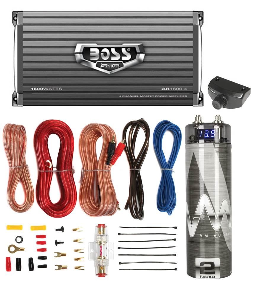 Boss AR1600.4 1600W 4-Ch Car Amplifier + Remote + 2.0 Farad Capacitor + Amp Kit