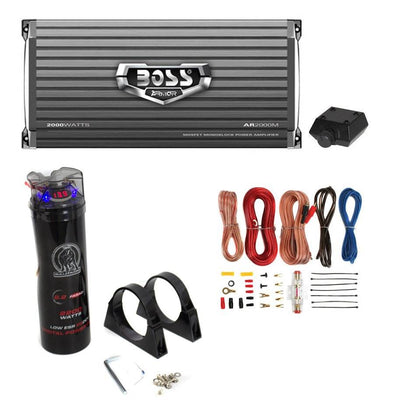 Boss AR2000M 2000W MONO Car Amplifier + Remote + 2.0 Farad Capacitor + Amp Kit