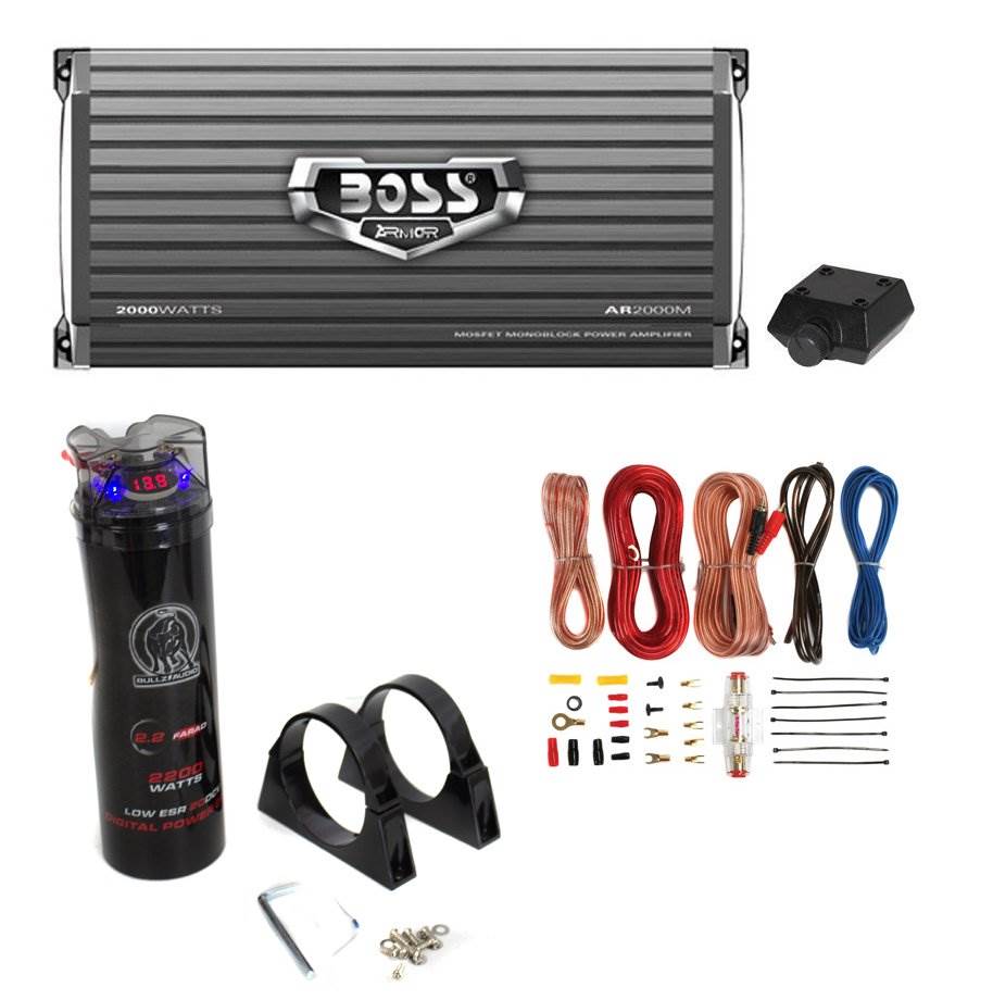 Boss AR2000M 2000W MONO Car Amplifier + Remote + 2.0 Farad Capacitor + Amp Kit