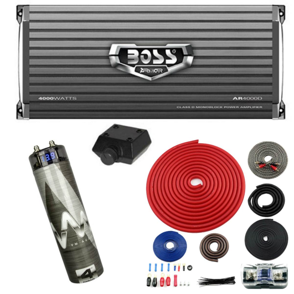 Boss AR4000D 4000W MONO Car Amplifier + Remote + 4.5 Farad Capacitor + Amp Kit