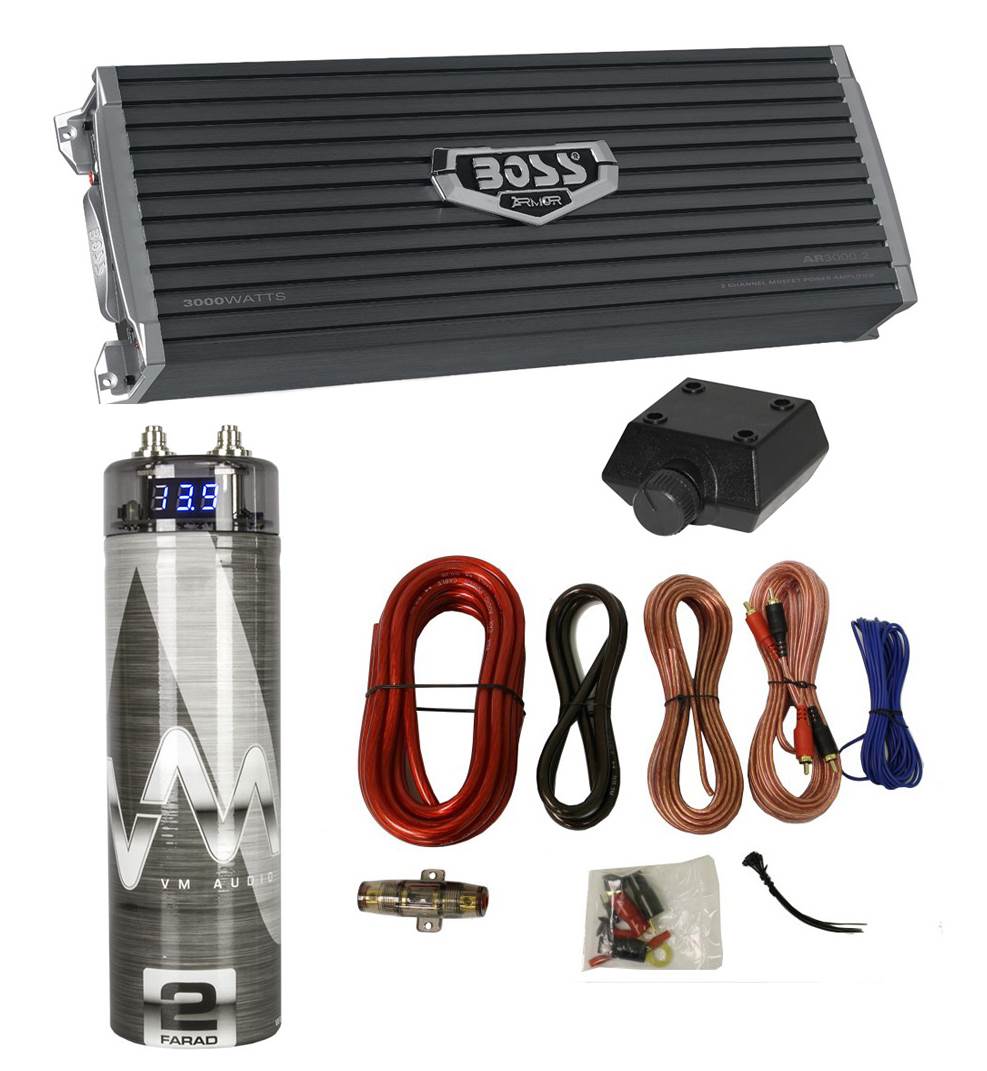 NEW Boss AR3000.2 3000 Watt 2-Channel Car Audio Amplifier + Capacitor + Amp Kit