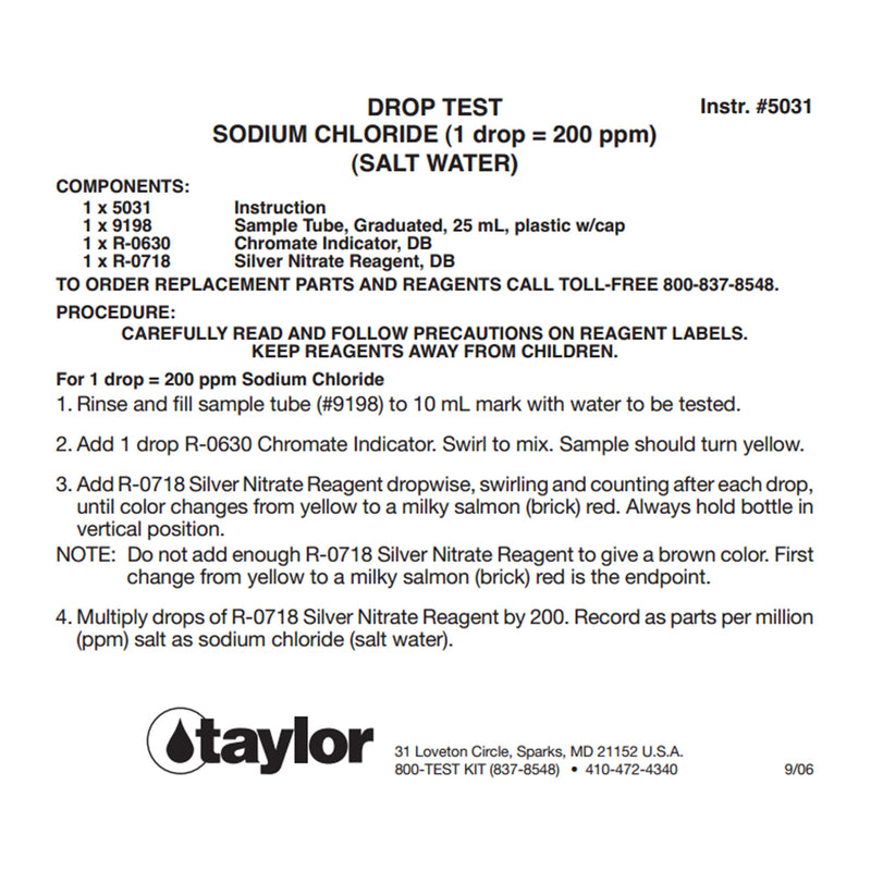 Taylor Liquid Pool/Spa Sodium Chloride Salt Water Drop Test Kit (Open Box)