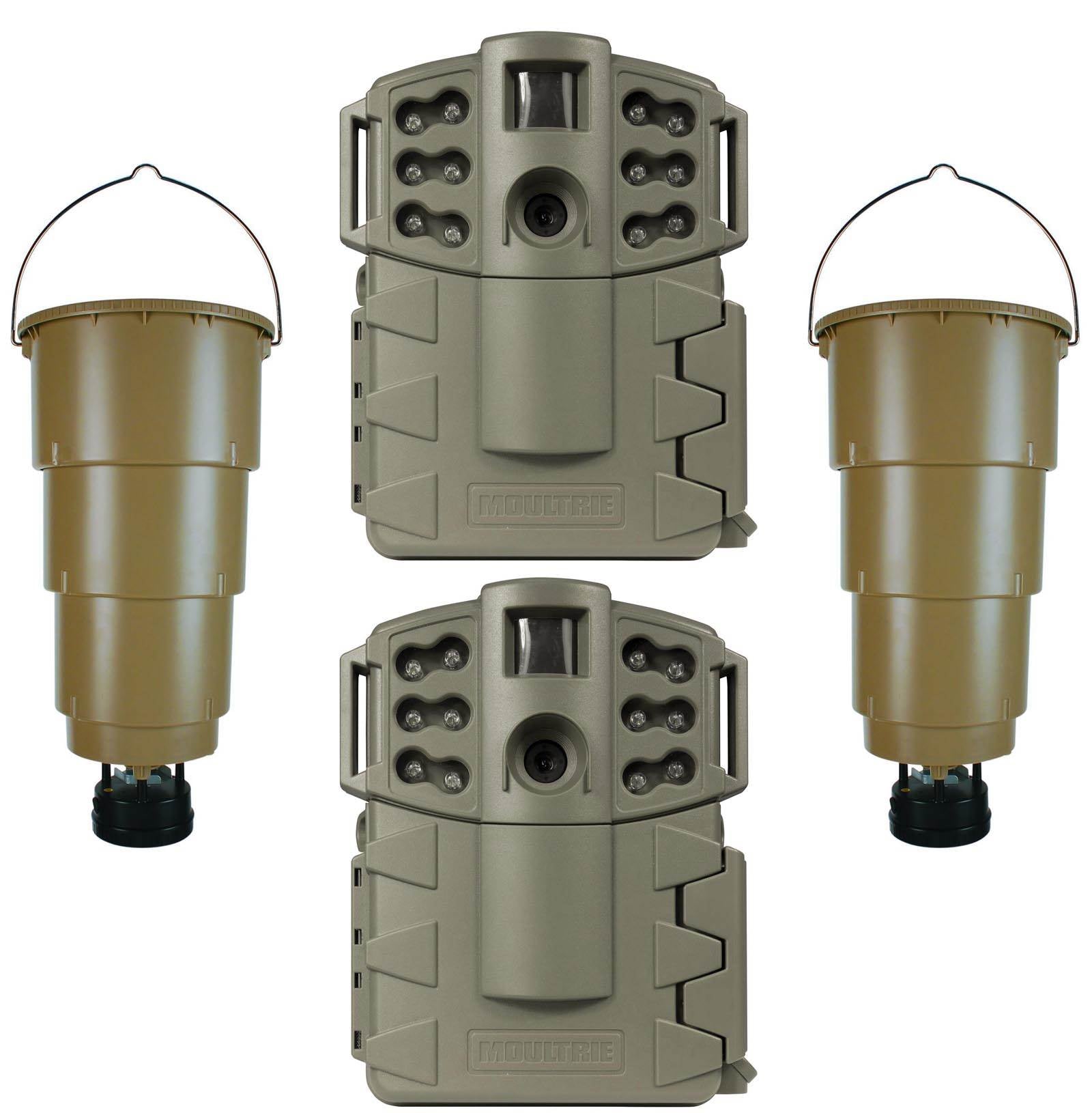 (2) MOULTRIE Game Spy A-5 Gen2 5MP Trail Game Cameras + (2) 5 Gal Deer Feeders