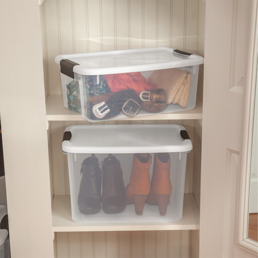 Sterilite 18 Qt Clear Plastic Stackable Storage Bin w/ White Latch Lid, 24 Pack - VMInnovations