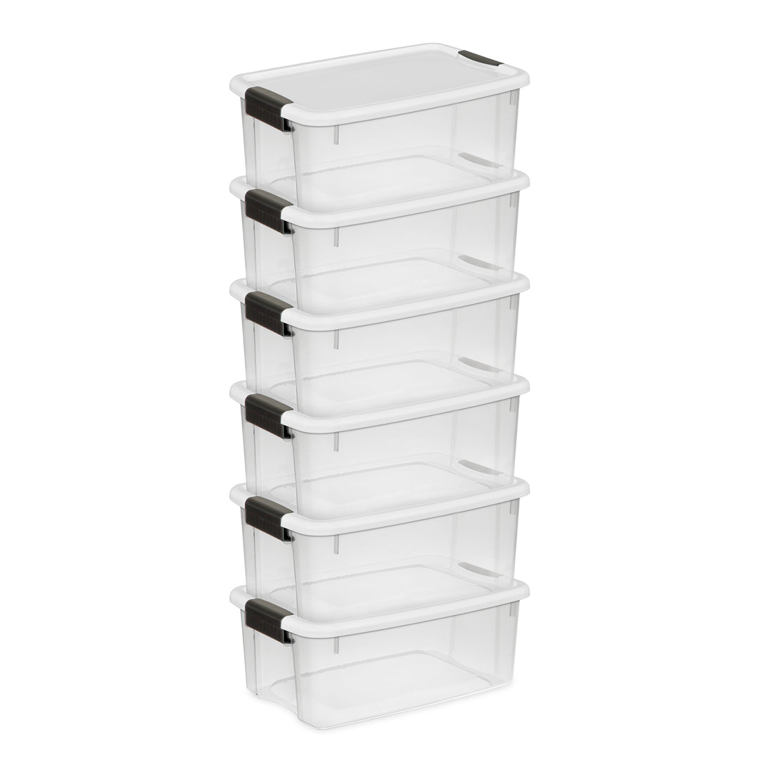 Sterilite 18 Qt Clear Plastic Stackable Storage Bin w/ White Latch Lid, (6 Pack)