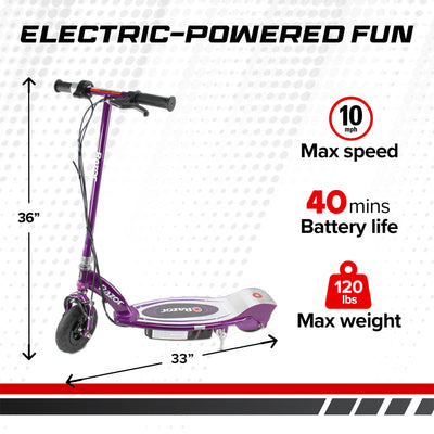 Razor E100 Kids Ride On 24V Motorized Powered Electric Scooter Toy, Purple