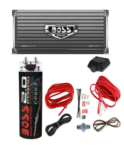 Boss AR1600.2 1600W 2-Ch Car Amplifier + Remote + 2 Farad Capacitor + Amp Kit