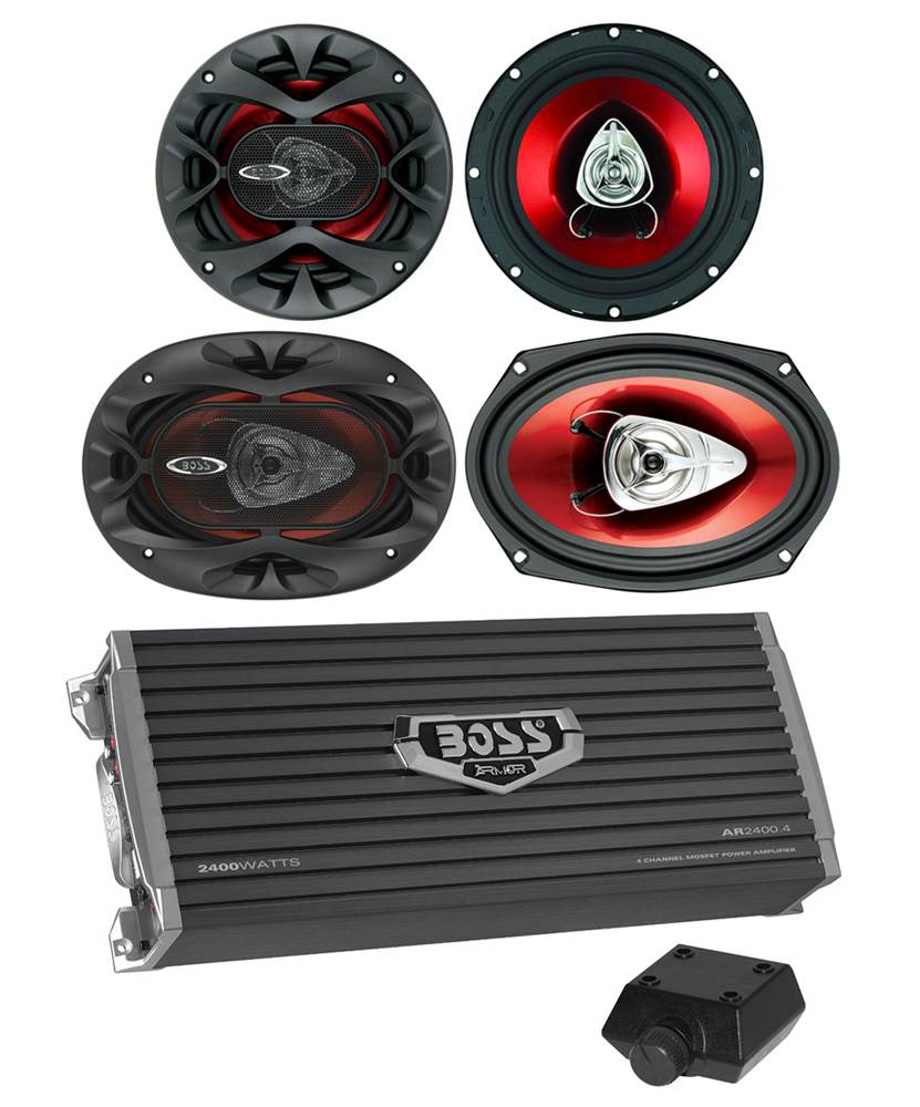 2) Boss CH6520 6.5" 250W + 2) 6x9" 350W 2-Way Car Speakers+ 2400W 4-Ch Amplifier