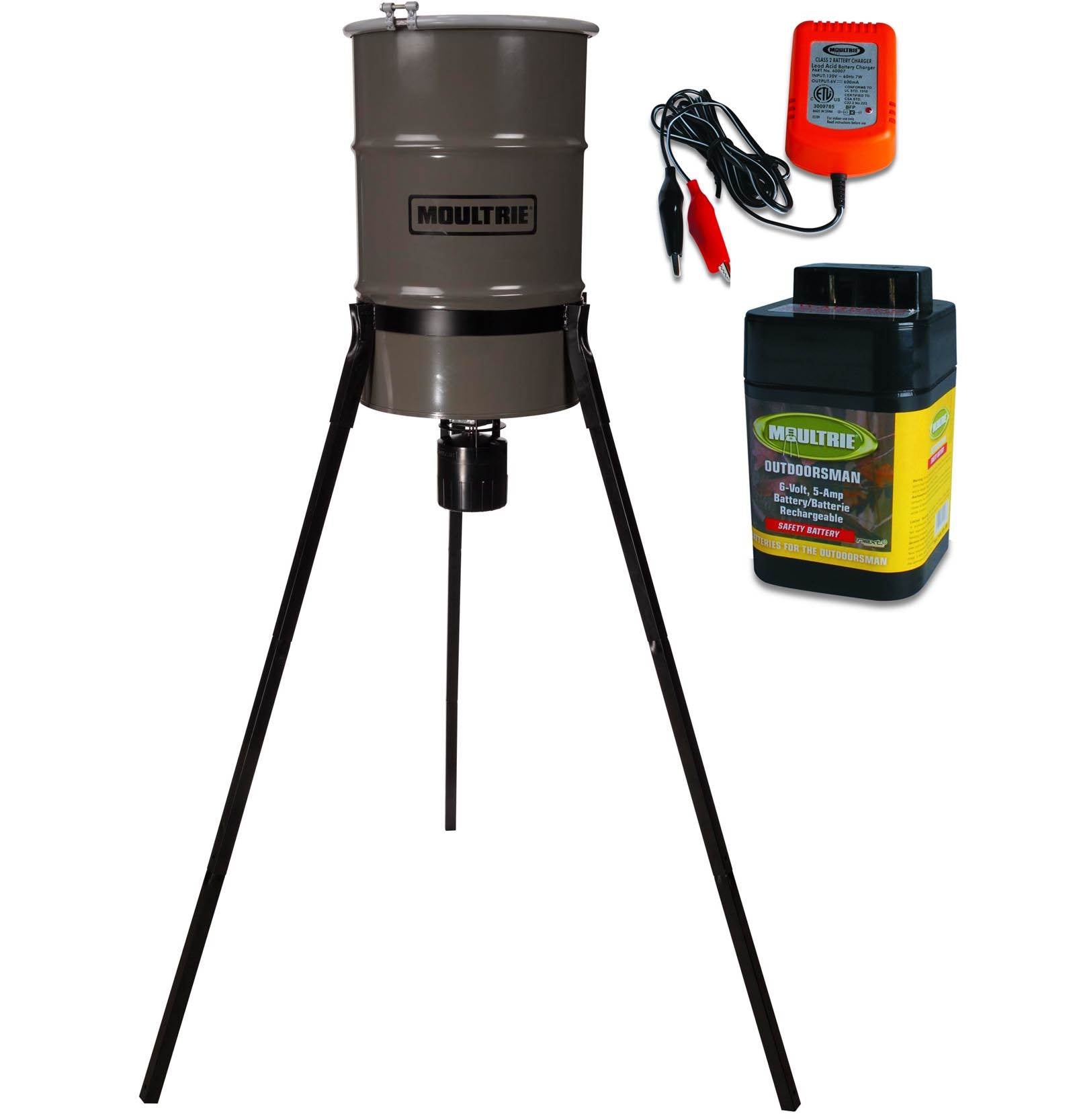 MOULTRIE 30 Gallon Pro-Hunter Metal Tripod Deer Feeder w/ 6V Battery & Charger