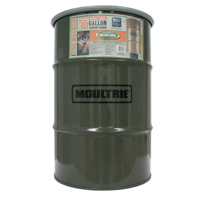 MOULTRIE 30 Gallon Pro Magnum 360° Hanging Metal Barrel Deer Feeder w/6V Battery