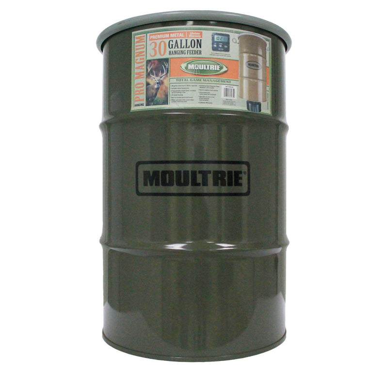 MOULTRIE 30 Gallon Pro Magnum 360° Hanging Metal Barrel Deer Feeder w/6V Battery