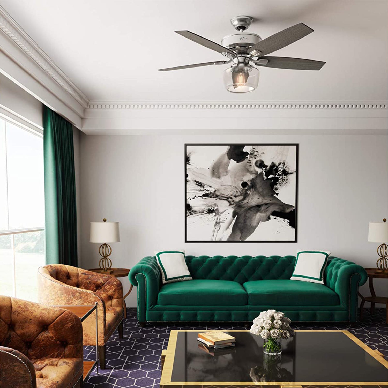 Hunter Bennett 52" Quiet Ceiling Fan with LED Light and Remote Control, Silver
