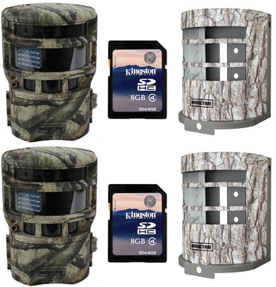 (2) MOULTRIE Low Glow Panoramic 150° Game Cameras + Security Boxes + SD Cards