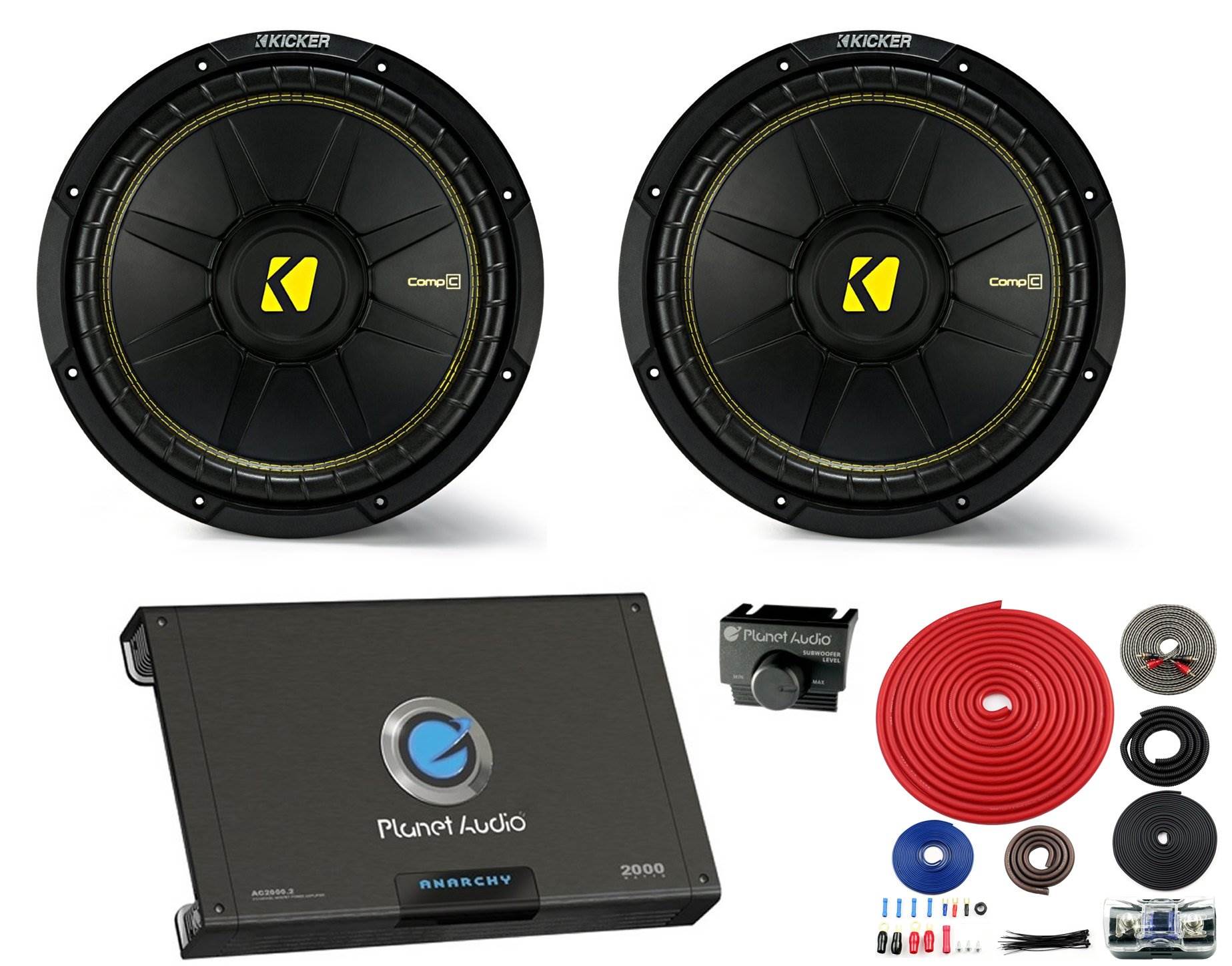 2) Kicker 44CWCS104 10" 1000W Car Subwoofers + AC2000.2 2000W 2-Ch Amp + Amp Kit
