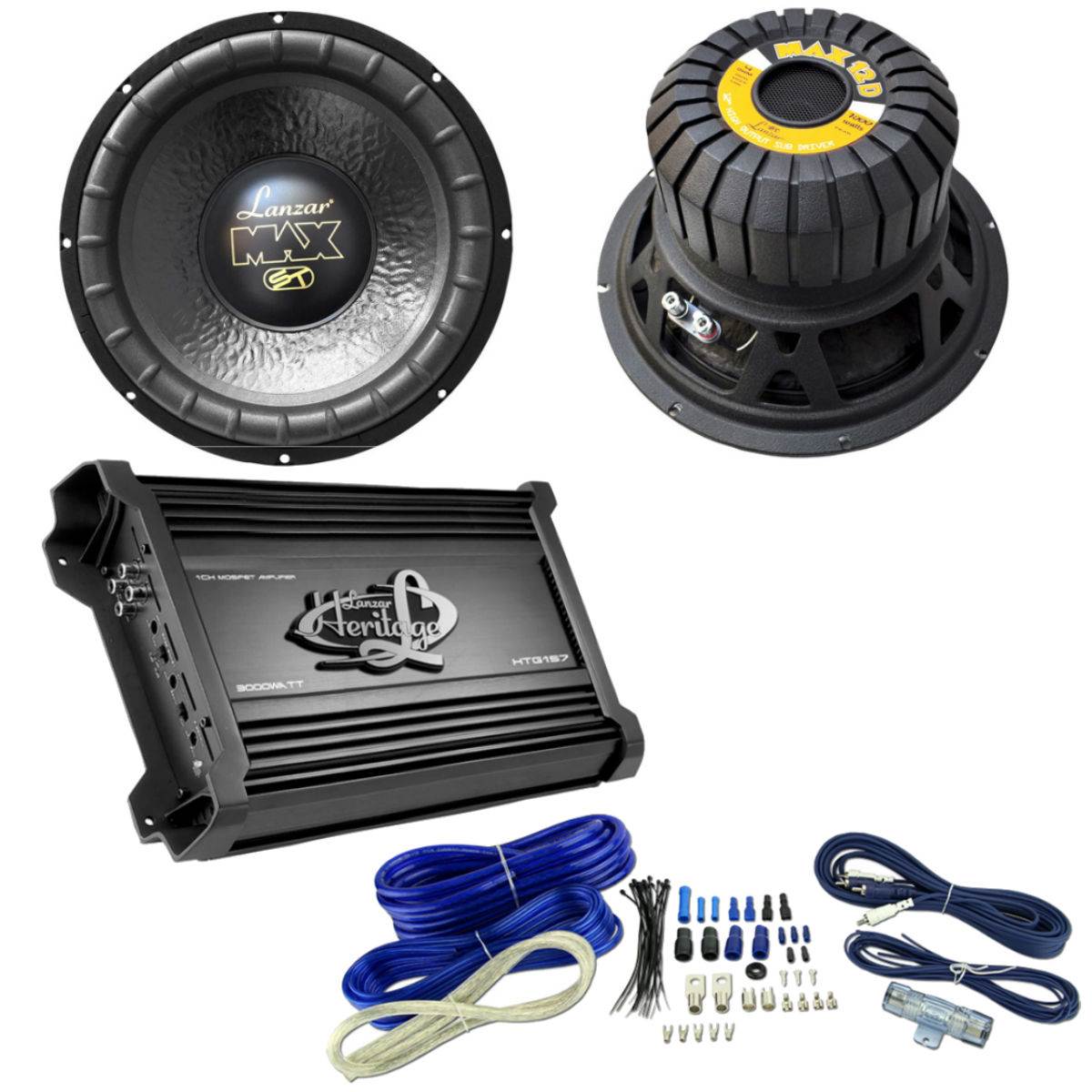 2) LANZAR MAX12D 12" 2000W Car Subwoofers Subs+Mono Power Amplifier+4Ga Amp Kit