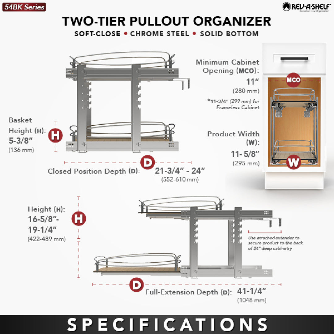 Rev-A-Shelf Two-Tier Solid Bottom Pullout Base Cabinet Organizer, 54BK-12SC-2-1