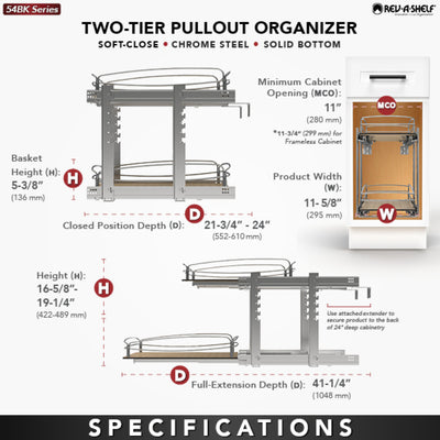 Rev-A-Shelf 2 Tier Solid Bottom Pull Out Base Cabinet Organizer, 54BK-12SC-2-1