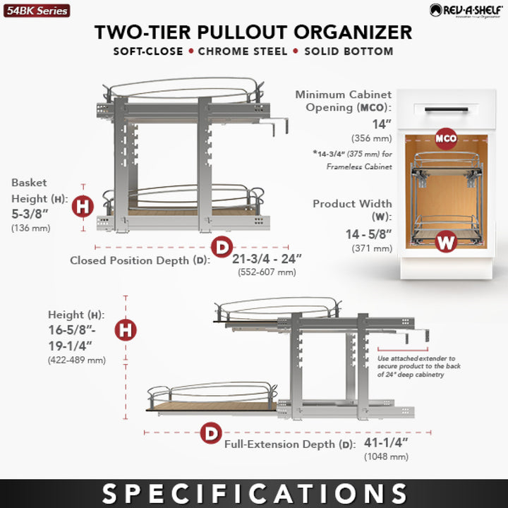 Rev-A-Shelf Two-Tier Solid Bottom Pullout Base Cabinet Organizer, 54BK-15SC-2-1