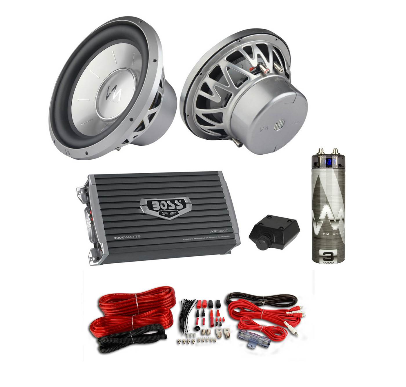 2) VM Audio Elux 10" Car Subwoofers + Boss 3000W Mono D Amp + Wiring Kit + Cap