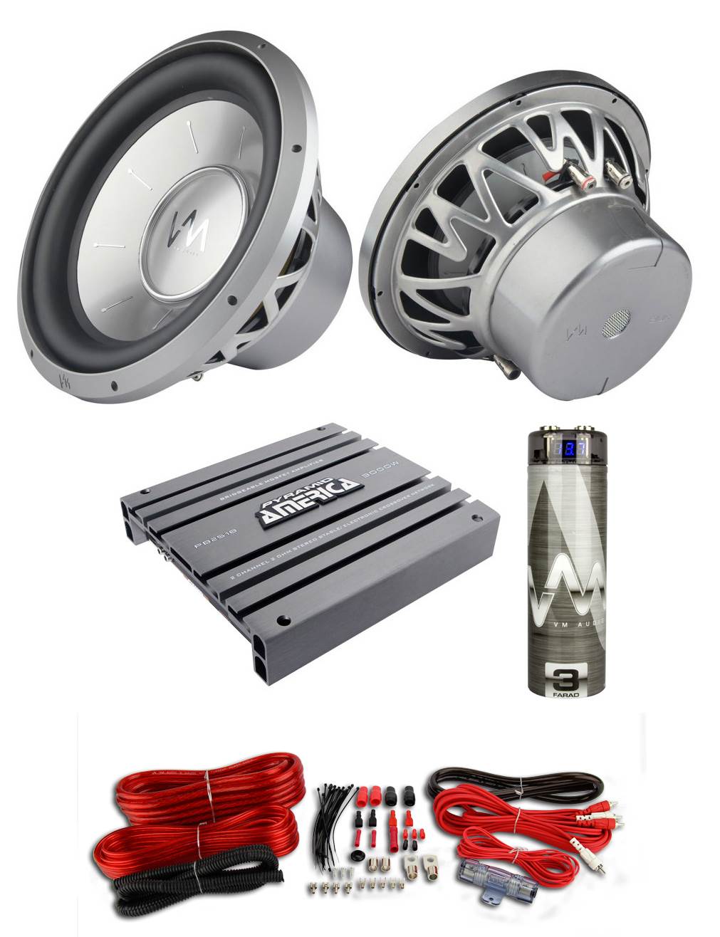 2) VM Audio Elux 12" Subs 4800W + Pyramid 3000W Amp + Wiring Kit + Capacitor