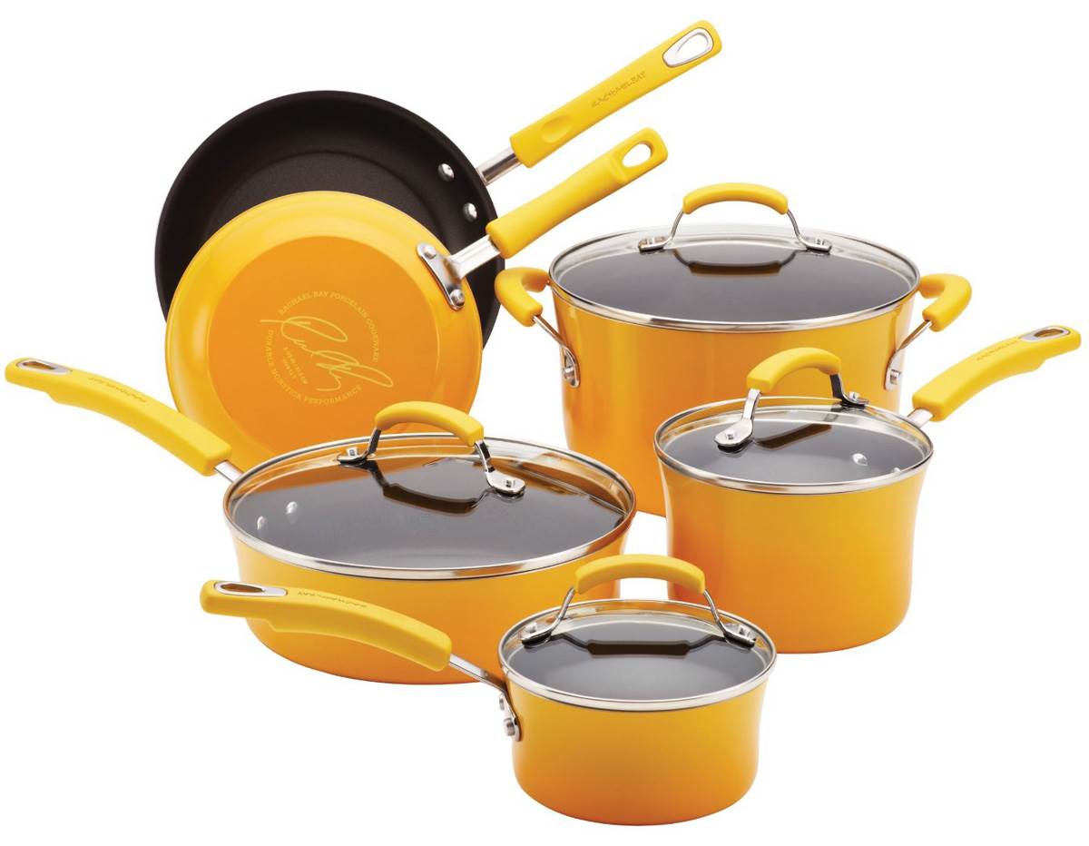 Rachael Ray 10-Piece Kitchen NonStick Hard Enamel Cookware Set Pots Pans -Yellow
