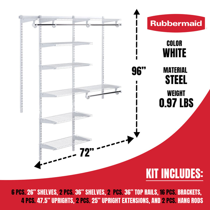 Rubbermaid 3-6 Feet Custom DIY Closet Organizer Deluxe Kit, White (Open Box)