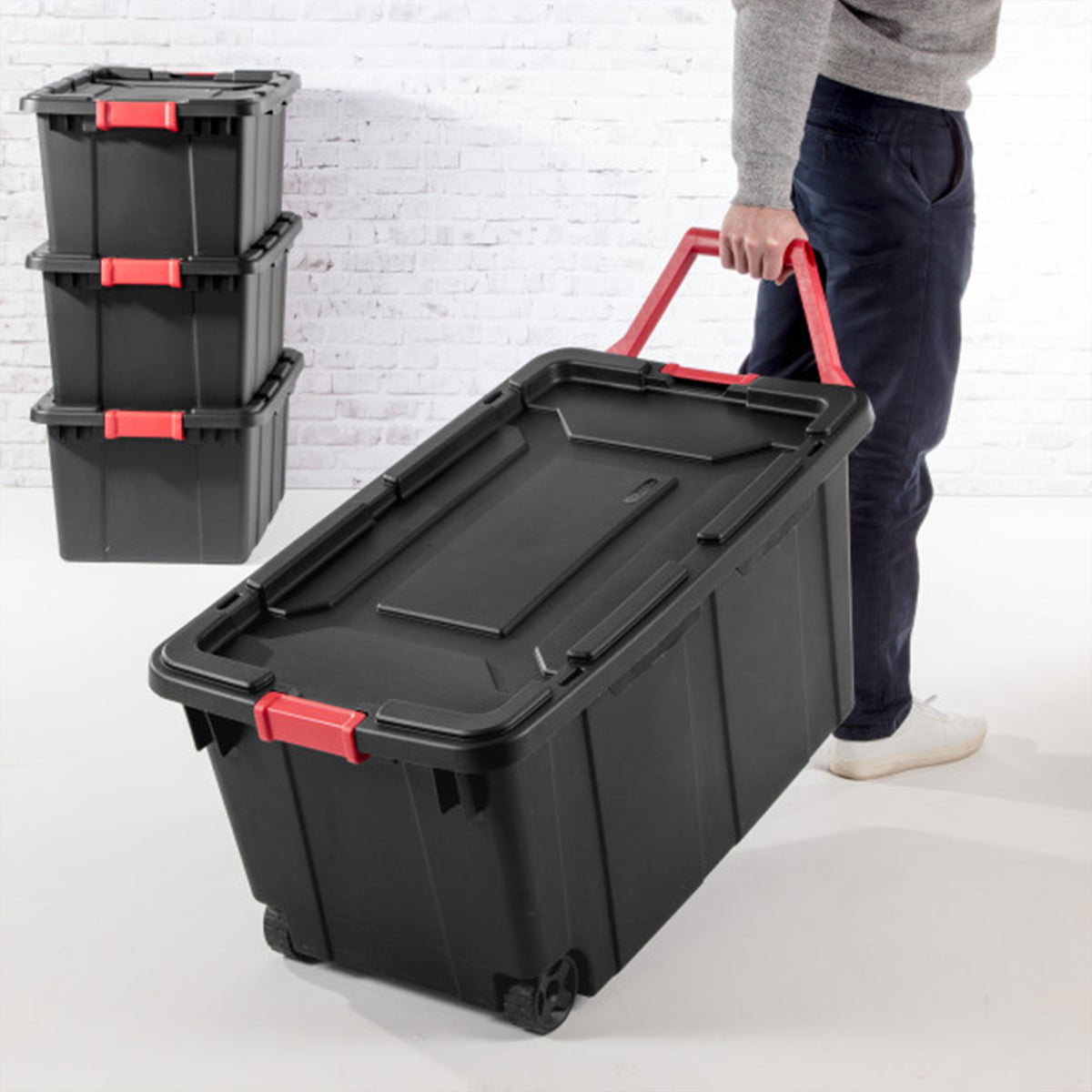 Sterilite 15 Gallon Durable Rugged Industrial Tote with Red Latches, 12 Pack