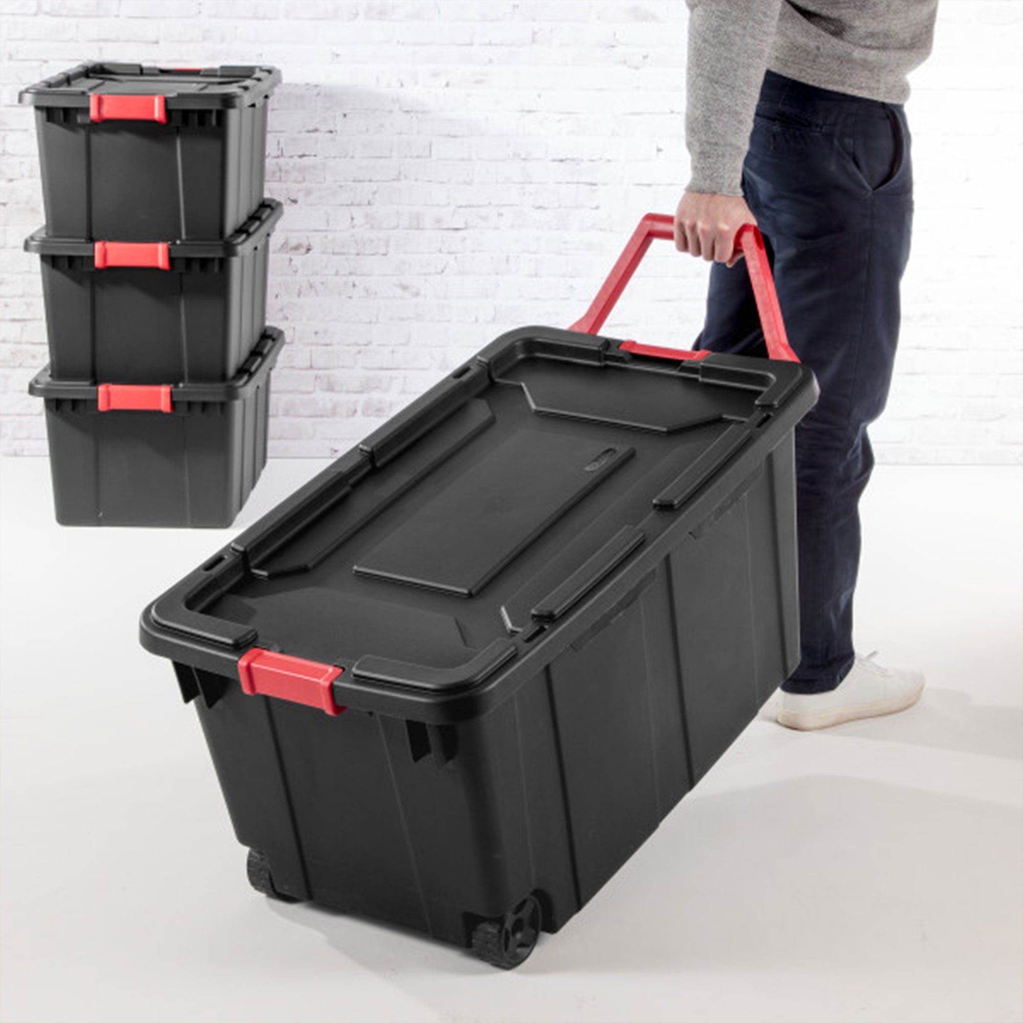 Sterilite 15 Gallon Durable Rugged Industrial Tote with Red Latches, 12 Pack