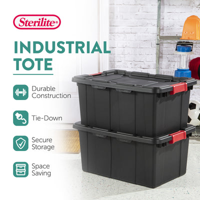 Sterilite 15 Gal Industrial Tote Stackable Storage Bin with Latching Lid, 6 Pack