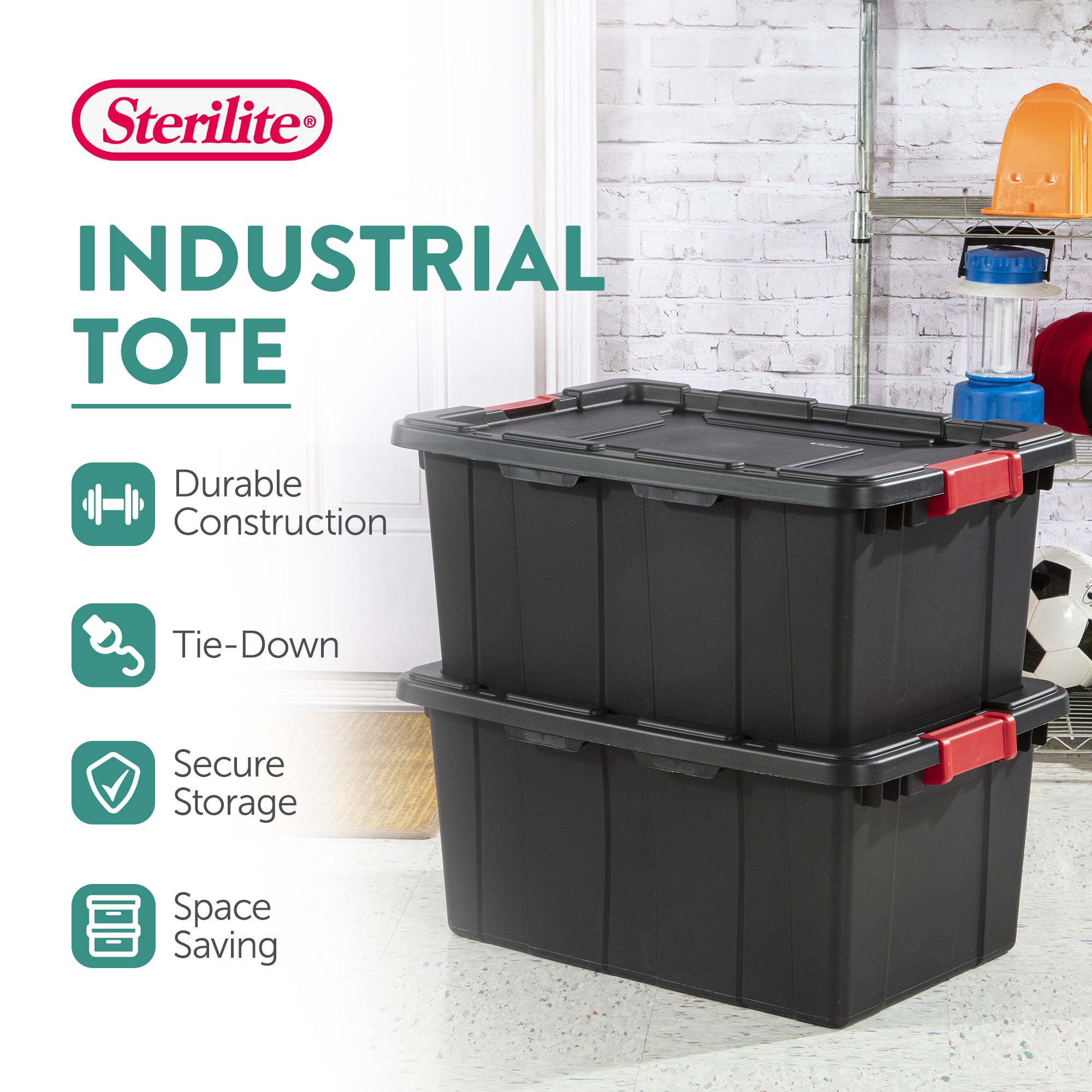 Sterilite 15 Gallon Durable Rugged Industrial Tote with Red Latches, 12 Pack