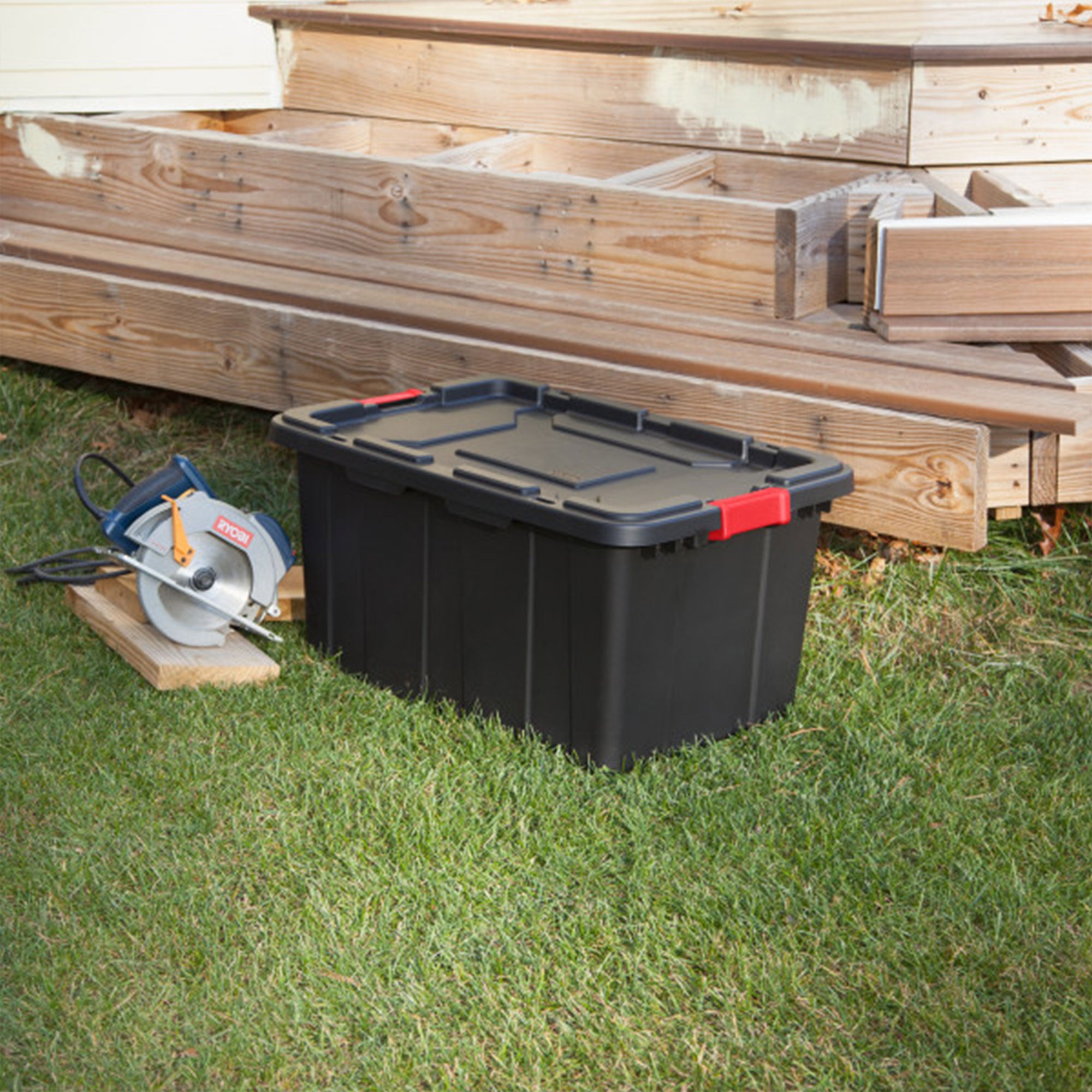 Sterilite 27 Gallon Durable Rugged Industrial Tote w/Red Latches, Black (8 Pack) - VMInnovations
